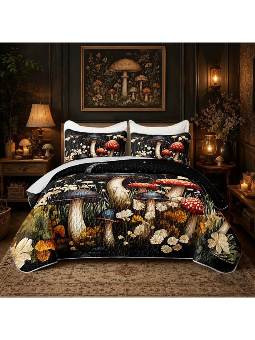 Colorful Floral Quilt Set with 2 Pillowcases | Cozy Mushroom Bedspread Decor
